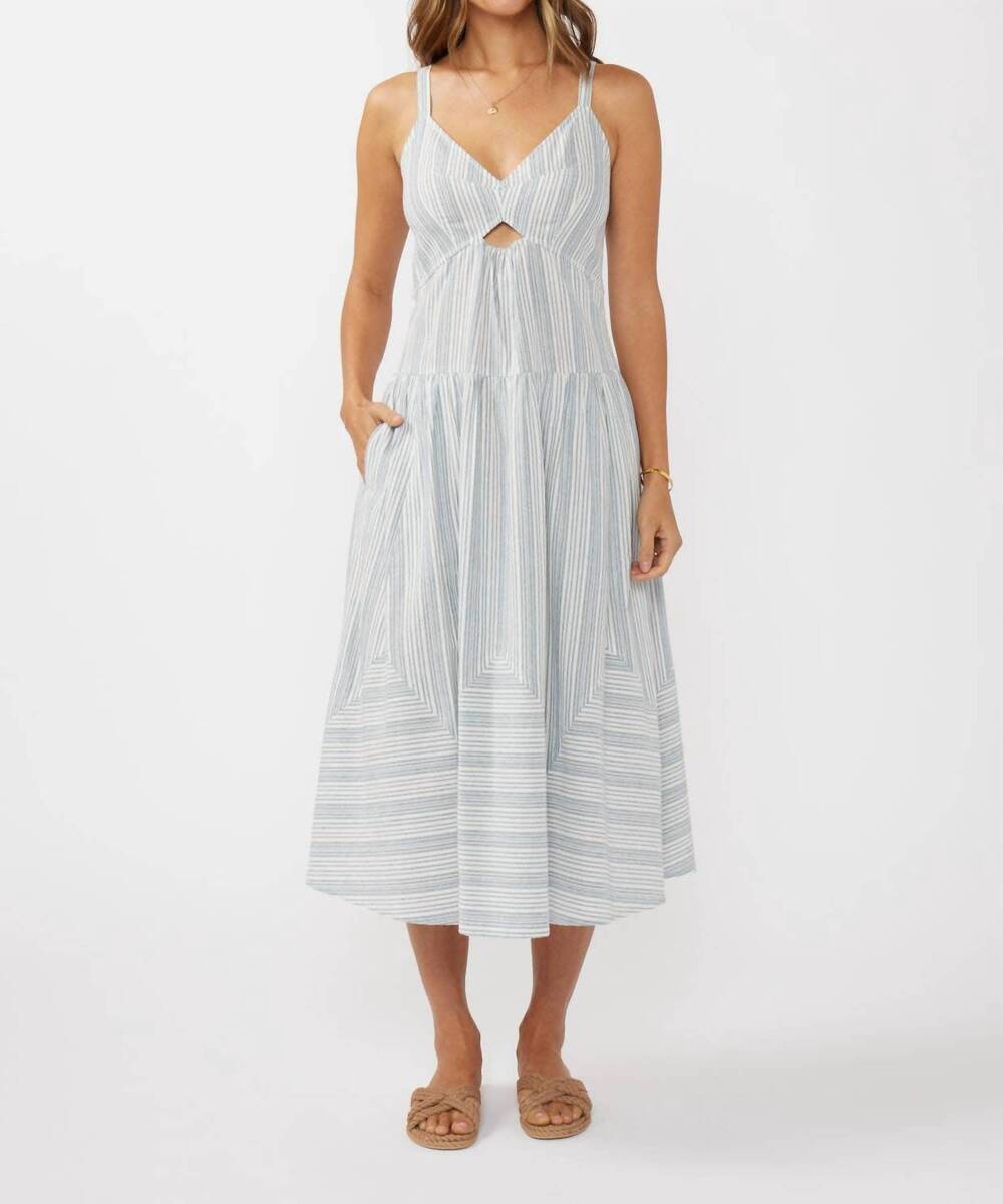 NEW LOVESTITCH striped v cut-out midi dress in white/ denim blue